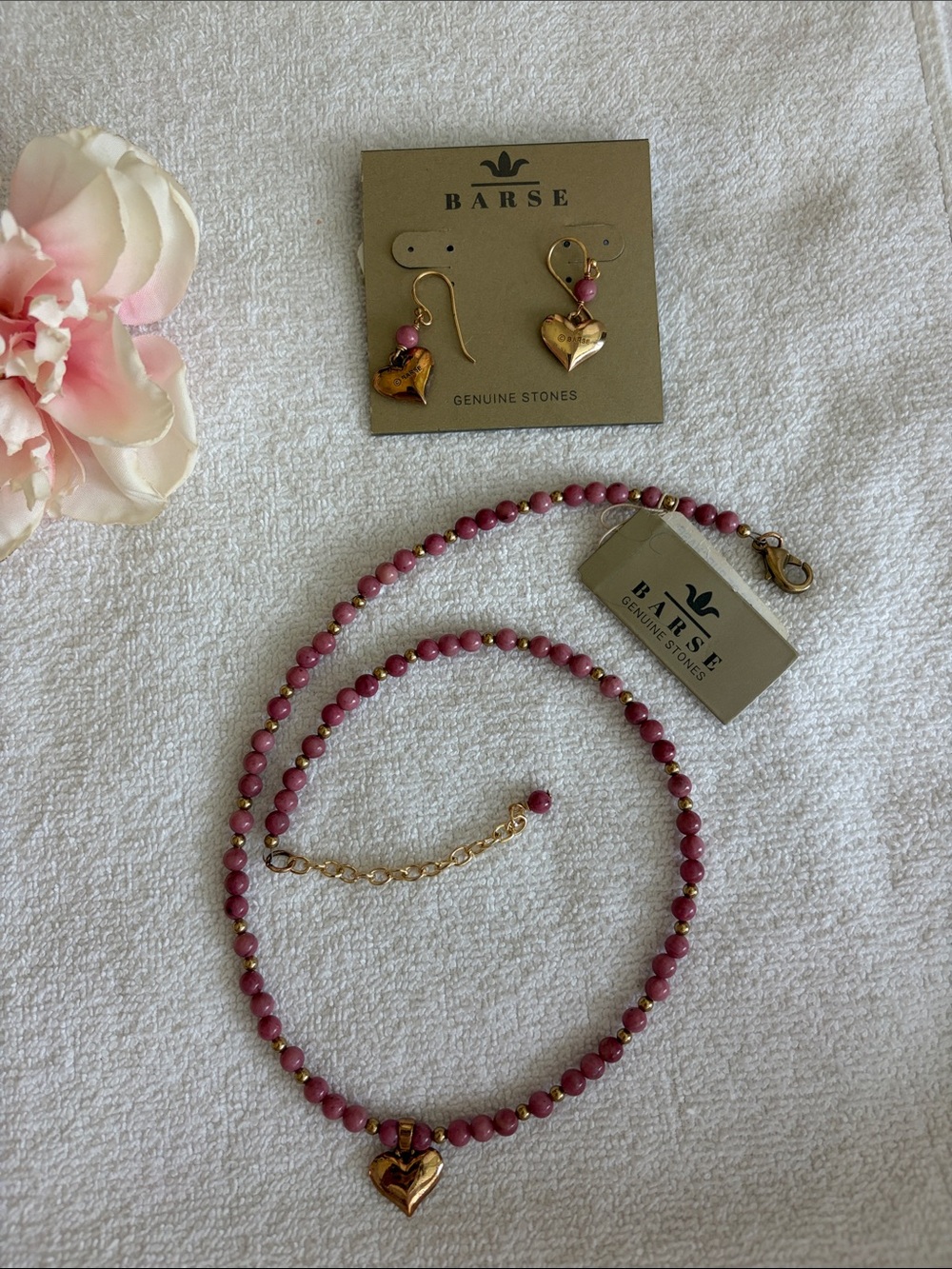 Studio Barse Pink Stone Heart Necklace and Earring Set - Gold-tone Accents
